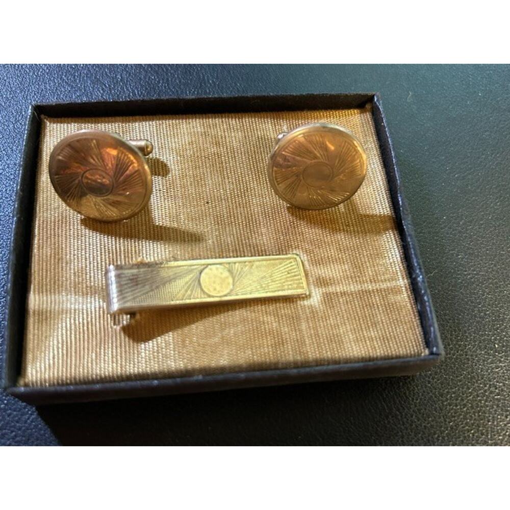 Vintage Gold Tone Sunburst Cufflinks & Tie Clip Set 3 Piece Boxed Mid Century - Picture 2 of 5